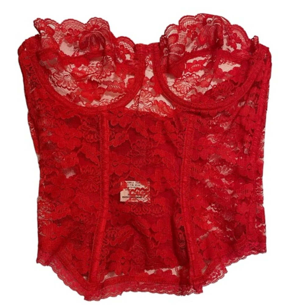 Vintage ILGWU Union Made Red Lace Bustier Dolores for Poirette